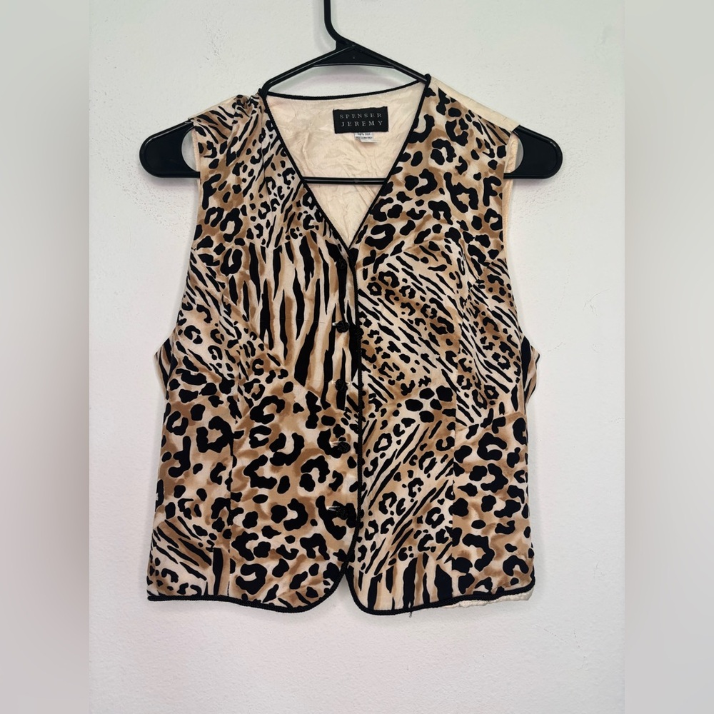 SPENSER JEREMY VINTAGE 100% SILK LEOPARD PRINT BUTTON UP VEST SZ MEDIUM